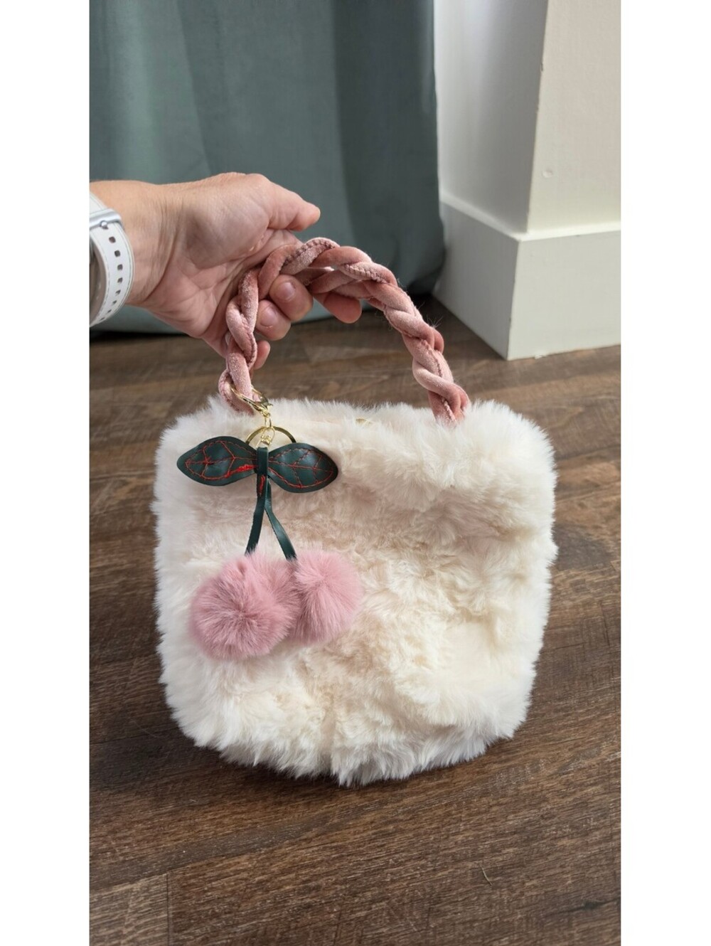 White Faux Fur Handbag with Pink Braided Handle and Cherry Pom-Poms